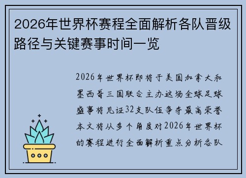 2026年世界杯赛程全面解析各队晋级路径与关键赛事时间一览